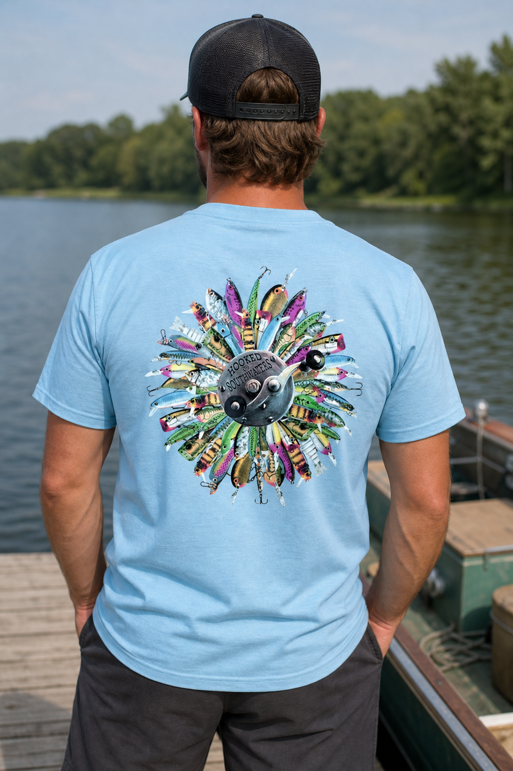 Backwoods South Waters Hooked On Fishing Lures Bright - Adult & Kids T-Shirts, Sweatshirts & Hoodies apparel design preview 1