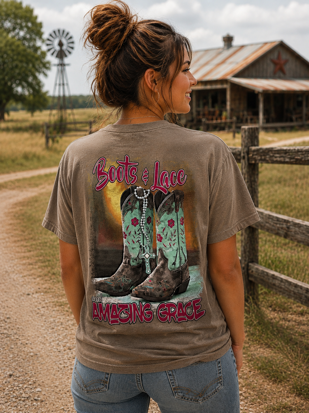 Southern Chics Boots Lace Amazing Grace Christian - Adult & Kids T-Shirts, Sweatshirts & Hoodies apparel design preview 1