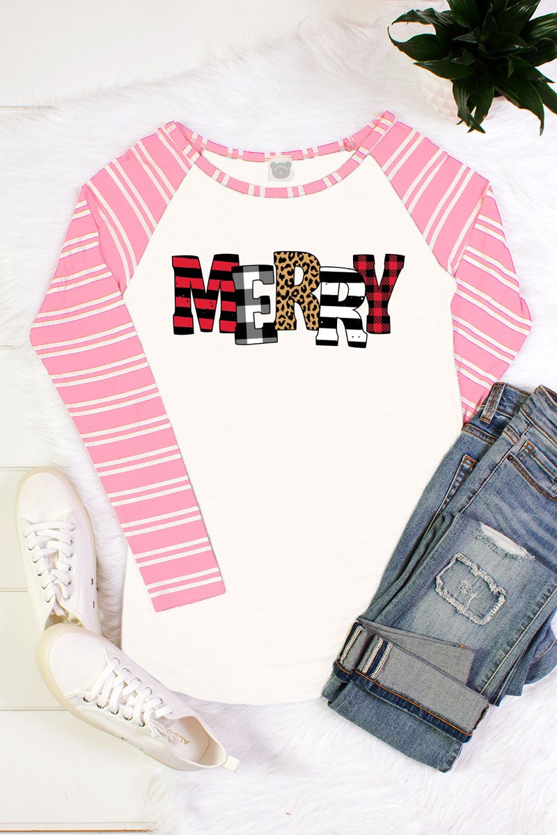 Merry Christmas Plaid Leopard Raglan Pink Striped - Adult & Kids T-Shirts, Sweatshirts & Hoodies apparel design preview 1