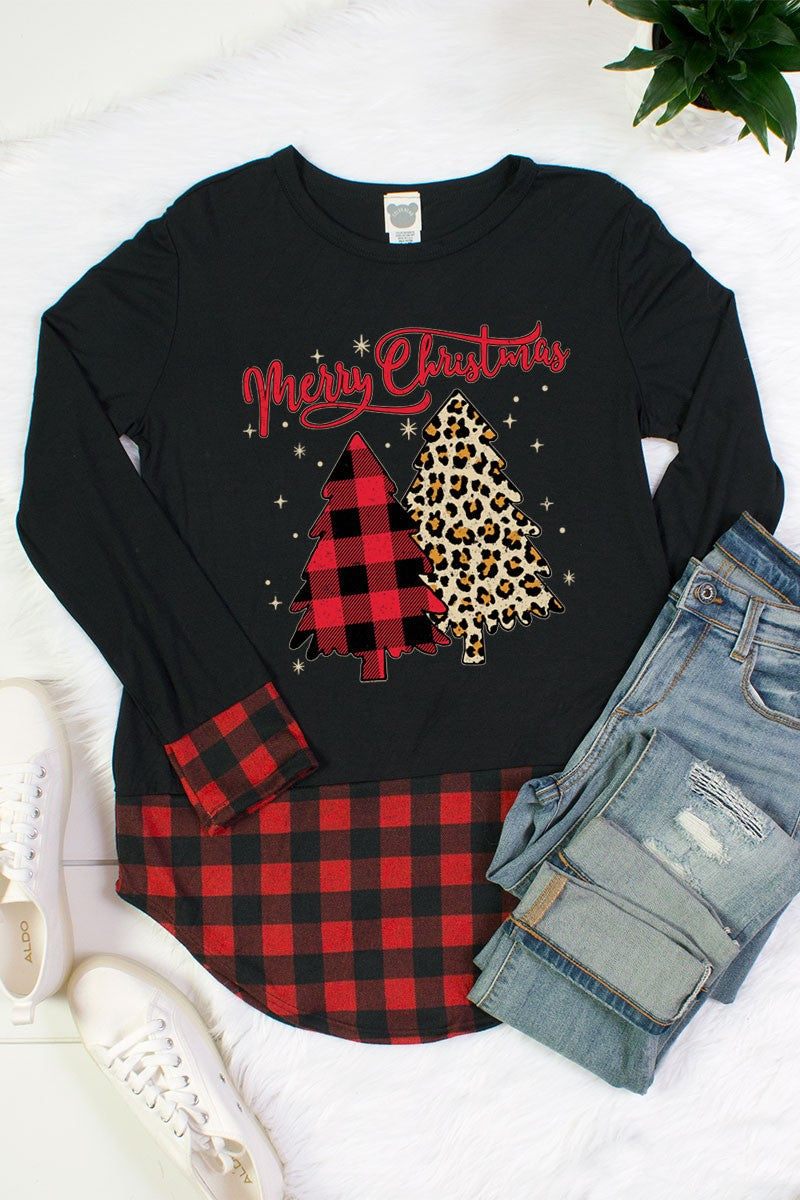 Merry Christmas Plaid Leopard Tree Hem Cuff - Adult & Kids T-Shirts, Sweatshirts & Hoodies apparel design preview 1