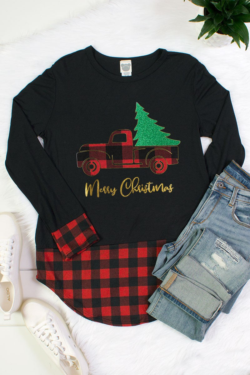 Christmas Truck Glitter Tree Plaid Hem Cuff - Adult & Kids T-Shirts, Sweatshirts & Hoodies apparel design preview 1