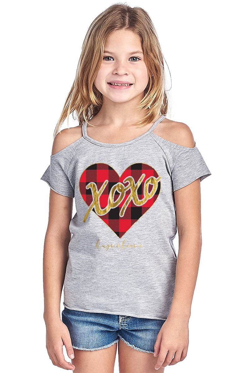 Youth Plaid XOXO Valentine's Day Cold Shoulder Cut - Adult & Kids T-Shirts, Sweatshirts & Hoodies apparel design preview 1
