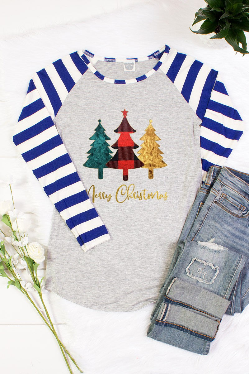 SALE Merry Christmas Trees Striped Sleeve Raglan - Adult & Kids T-Shirts, Sweatshirts & Hoodies apparel design preview 1