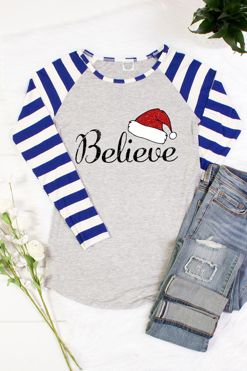 SALE Merry Christmas Believe Santa Hat Striped Sleeve - Adult & Kids T-Shirts, Sweatshirts & Hoodies apparel design preview 1