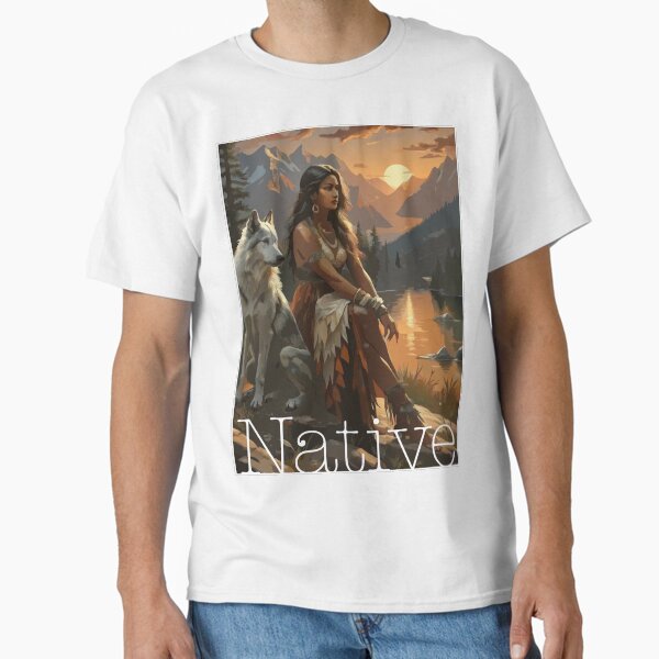 Native American girl at sunset with a wolf - Adult & Kids T-Shirts, Sweatshirts & Hoodies apparel design preview 1