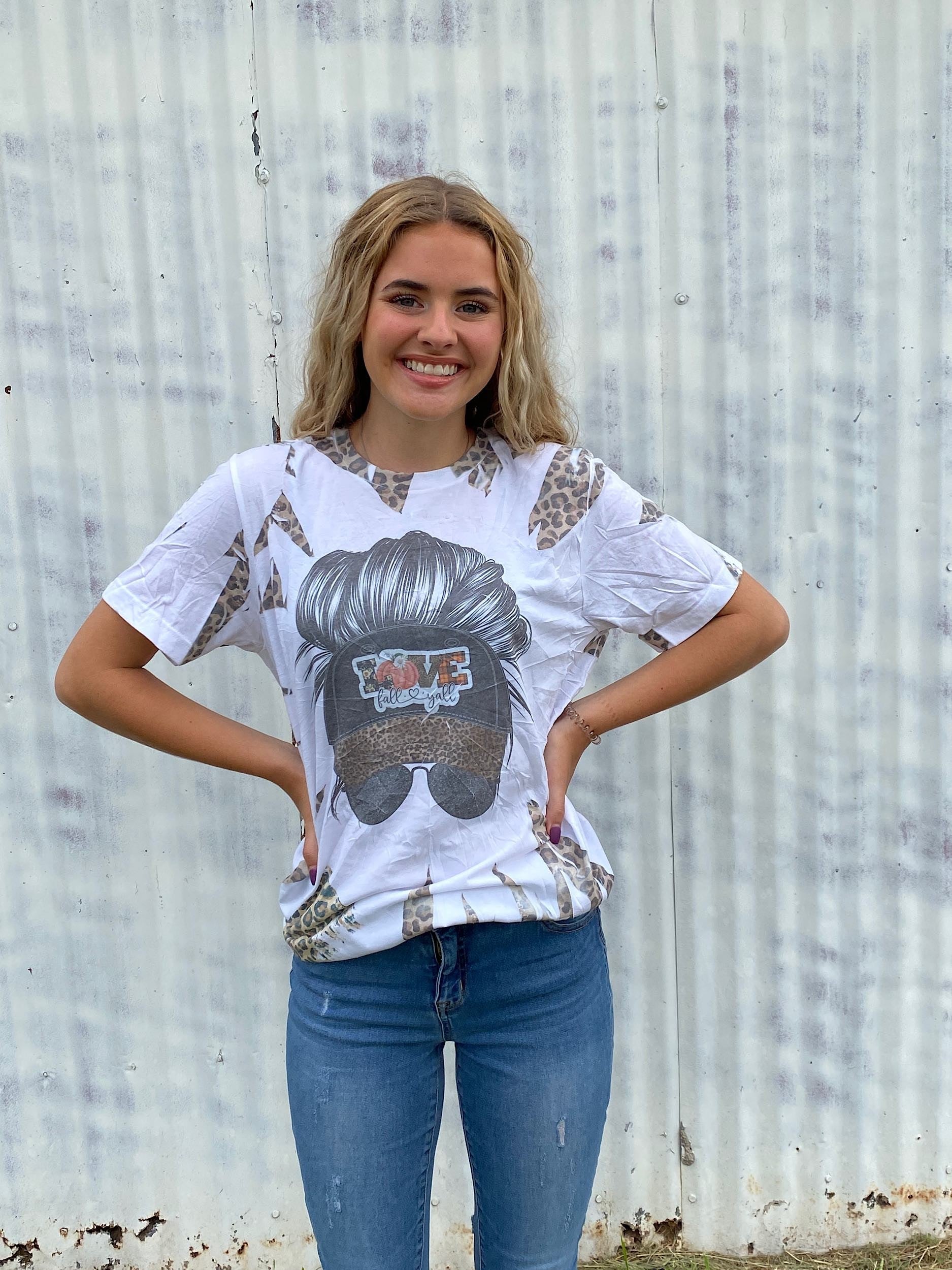 Love Fall Y'all Messy Bun Leopard Canvas Girlie - Adult & Kids T-Shirts, Sweatshirts & Hoodies apparel design preview 1