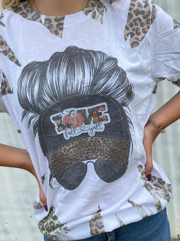 Love Fall Y'all Messy Bun Leopard Canvas Girlie - Adult & Kids T-Shirts, Sweatshirts & Hoodies apparel design preview 2