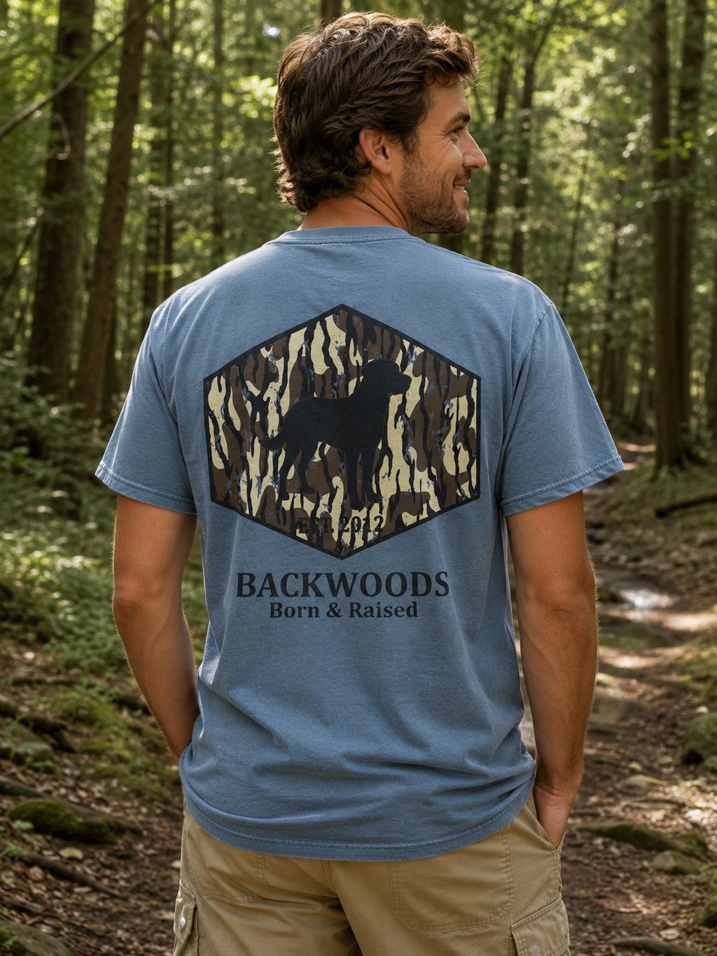 Backwoods Born Raised Camo Dog Comfort Colors - Adult & Kids T-Shirts, Sweatshirts & Hoodies apparel design preview 1