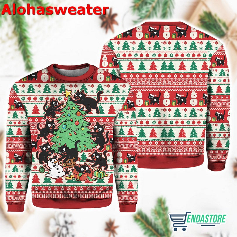 Black Cats Destroying Christmas Tree Christmas Ugly Sweater product image