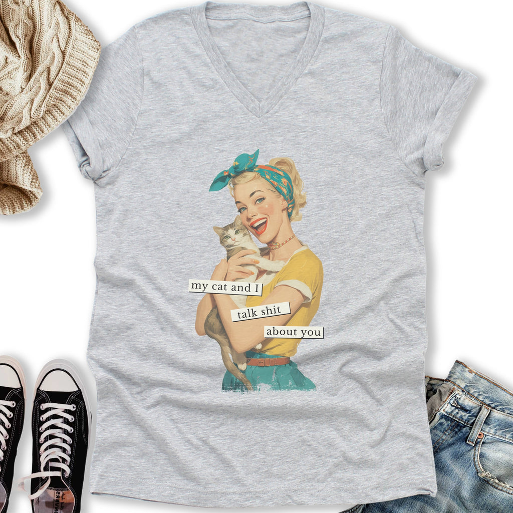 My Cat and I Talk Shit V-Neck - Adult & Kids T-Shirts, Sweatshirts & Hoodies apparel design preview 1