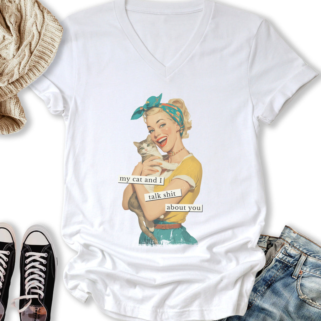 My Cat and I Talk Shit V-Neck - Adult & Kids T-Shirts, Sweatshirts & Hoodies apparel design preview 2
