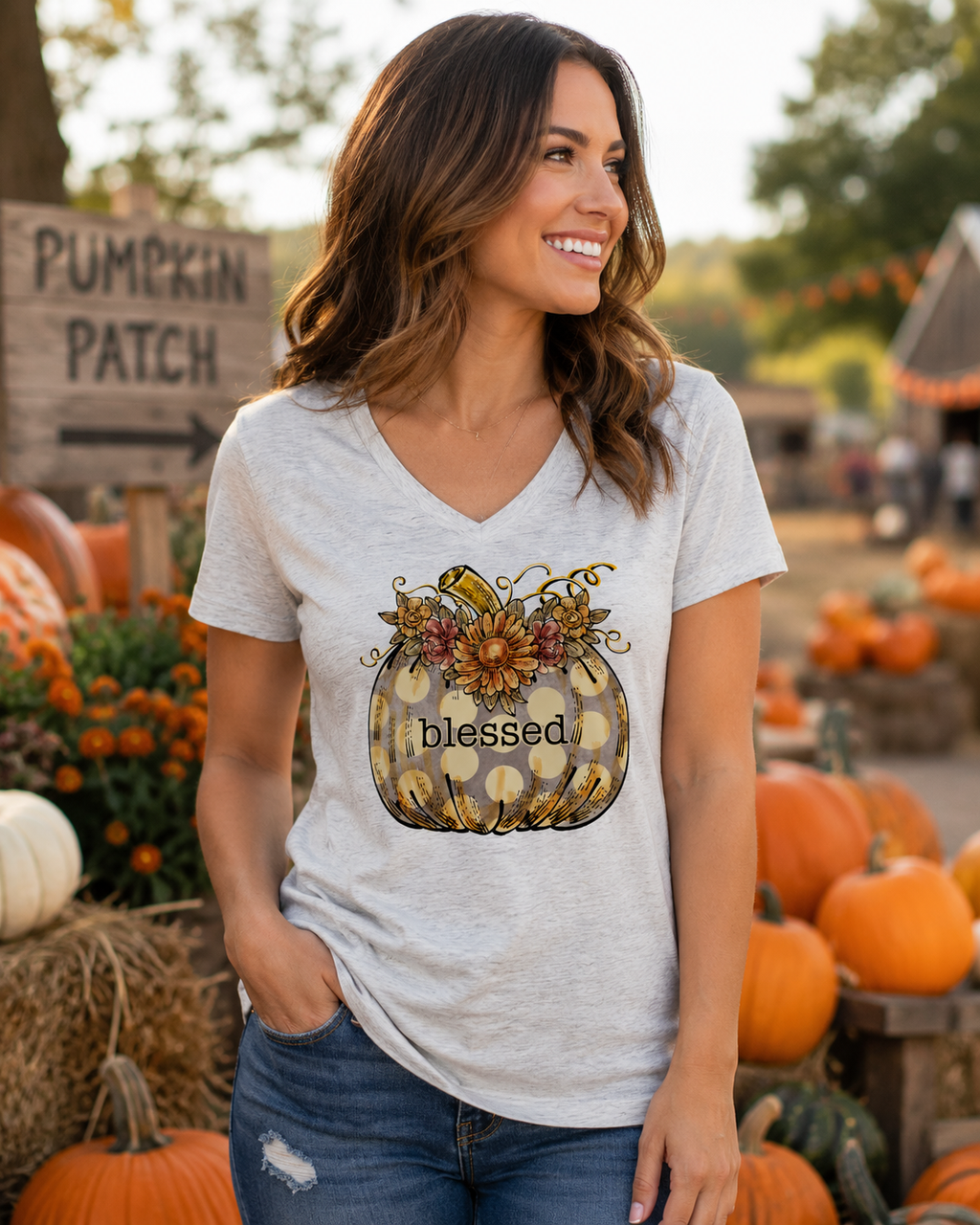 SALE Sassy Frass Blessed Pumpkin V-Neck Canvas Girlie - Adult & Kids T-Shirts, Sweatshirts & Hoodies apparel design preview 1