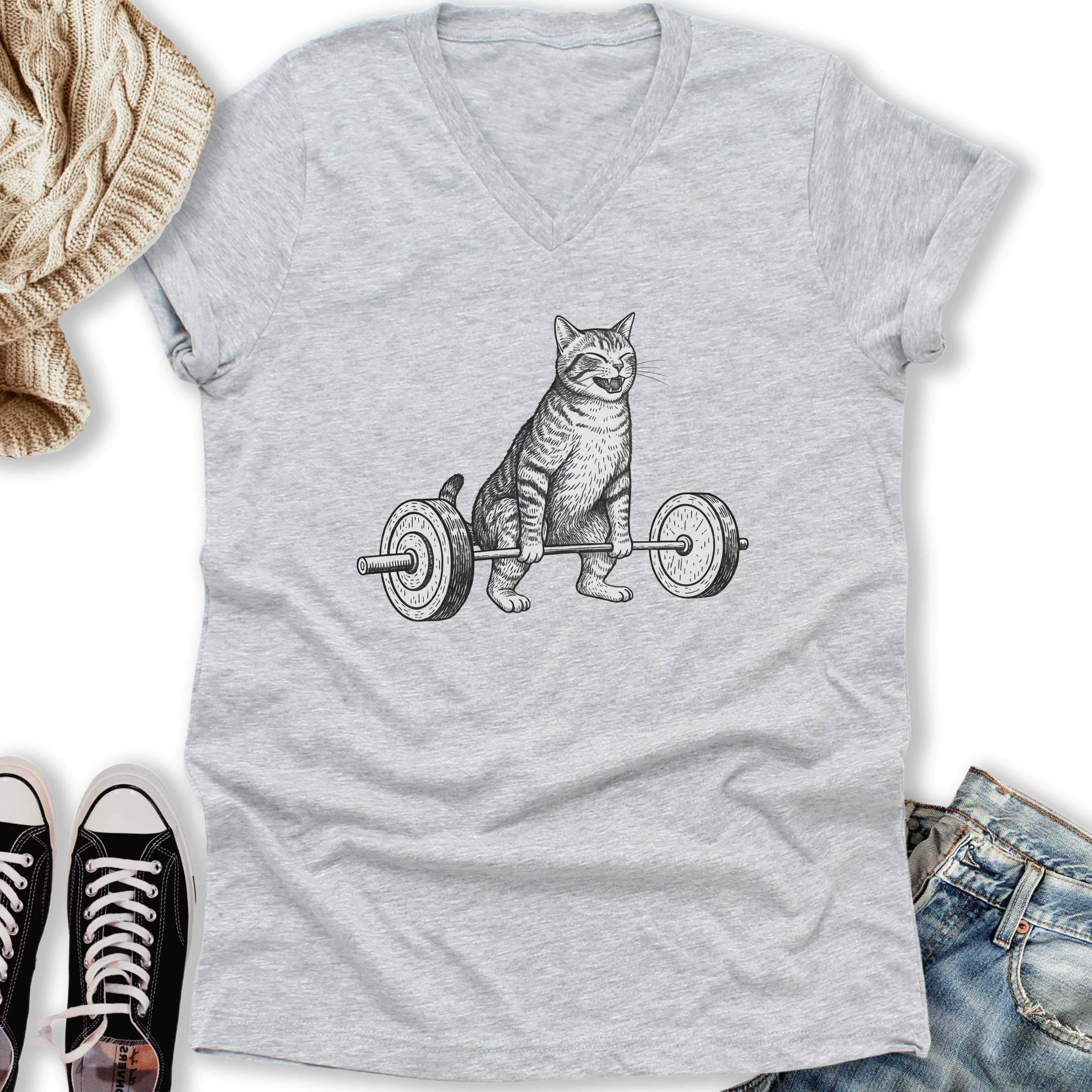 Deadlift Cat V-Neck - Adult & Kids T-Shirts, Sweatshirts & Hoodies apparel design preview 1