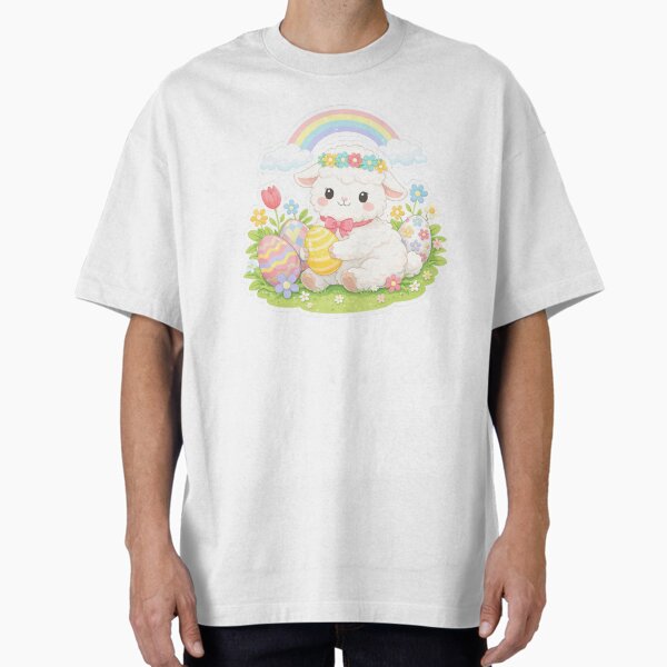 Cute Easter Lamb with Spring Flowers - Adult & Kids T-Shirts, Sweatshirts & Hoodies apparel design preview 1