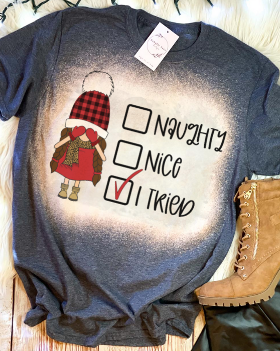 Naughty Nice I Tried Checklist Christmas Bleached Dye - Adult & Kids T-Shirts, Sweatshirts & Hoodies apparel design preview 1
