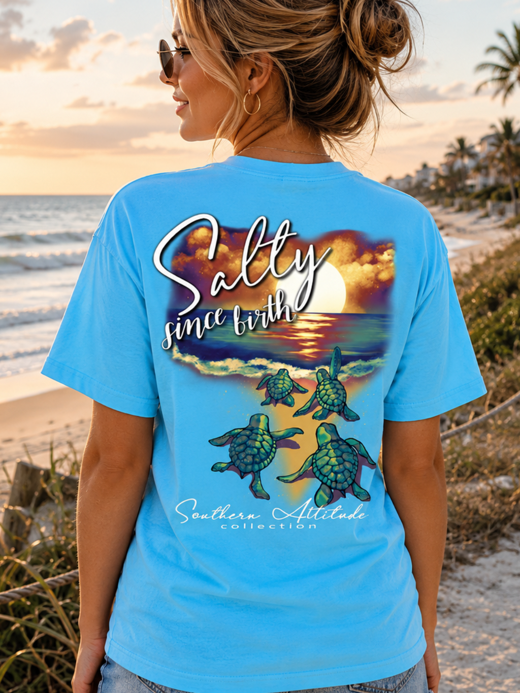 Southern Attitude Salty Since Birth Turtles Sky - Adult & Kids T-Shirts, Sweatshirts & Hoodies apparel design preview 1