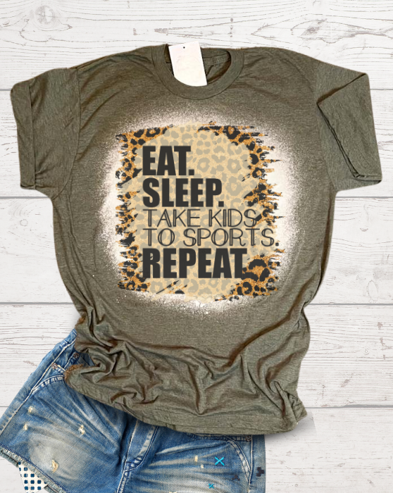 Eat Sleep Take Kids to Sports Repeat Leopard Bleached - Adult & Kids T-Shirts, Sweatshirts & Hoodies apparel design preview 1