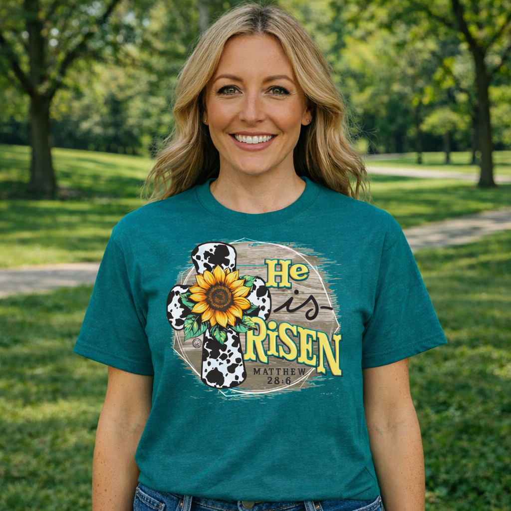 Girlie Girl Originals He Is Risen Sunflower Cross - Adult & Kids T-Shirts, Sweatshirts & Hoodies apparel design preview 1