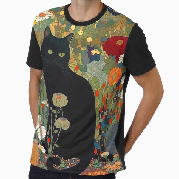 Cat Art Print, Gustav Klimt, Black In A Garden THE - Adult & Kids T-Shirts, Sweatshirts & Hoodies apparel design preview 1