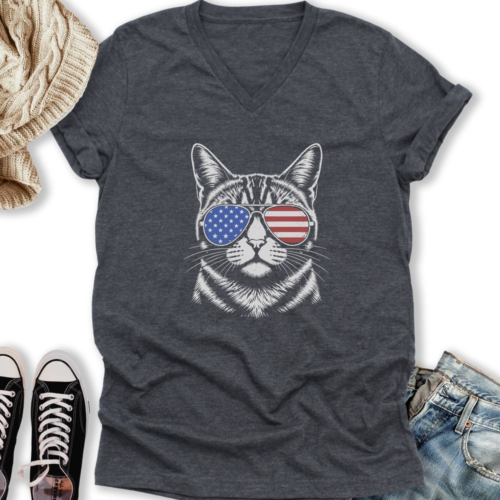 USA Aviator Cat V-Neck - Adult & Kids T-Shirts, Sweatshirts & Hoodies apparel design preview 2