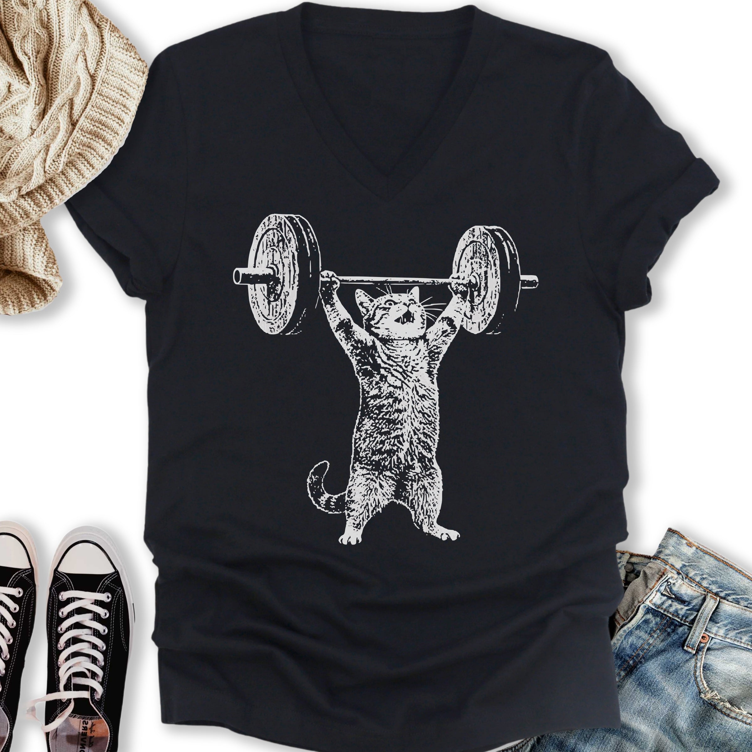 Weight Lifter Cat V-Neck - Adult & Kids T-Shirts, Sweatshirts & Hoodies apparel design preview 1