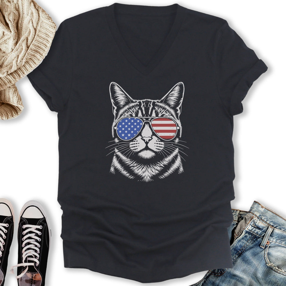 USA Aviator Cat V-Neck - Adult & Kids T-Shirts, Sweatshirts & Hoodies apparel design preview 1