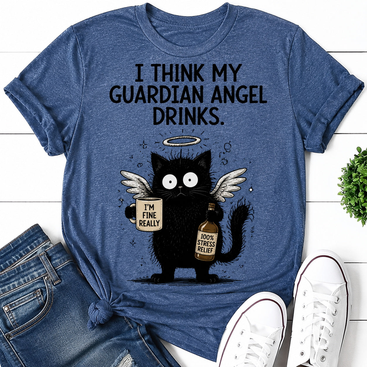 I Think My Guardian Angel Drinks Cat Print Women - Adult & Kids T-Shirts, Sweatshirts & Hoodies apparel design preview 1
