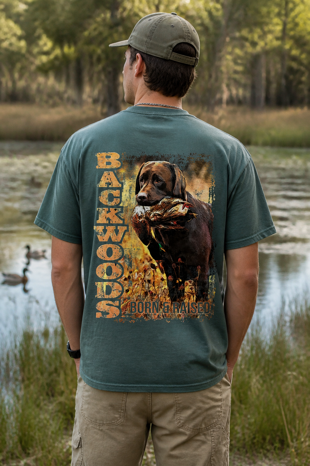 Backwoods Born Raised Country Brown Lab Duck Hunt - Adult & Kids T-Shirts, Sweatshirts & Hoodies apparel design preview 1