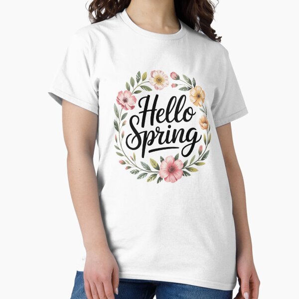 Hello Spring Floral Wreath Calligraphy Flowers Art - Adult & Kids T-Shirts, Sweatshirts & Hoodies apparel design preview 1