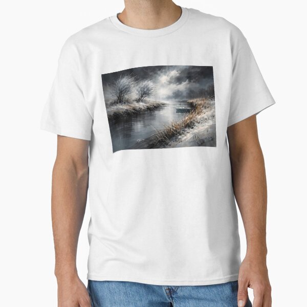Winter River with Lonely Boat - Adult & Kids T-Shirts, Sweatshirts & Hoodies apparel design preview 1