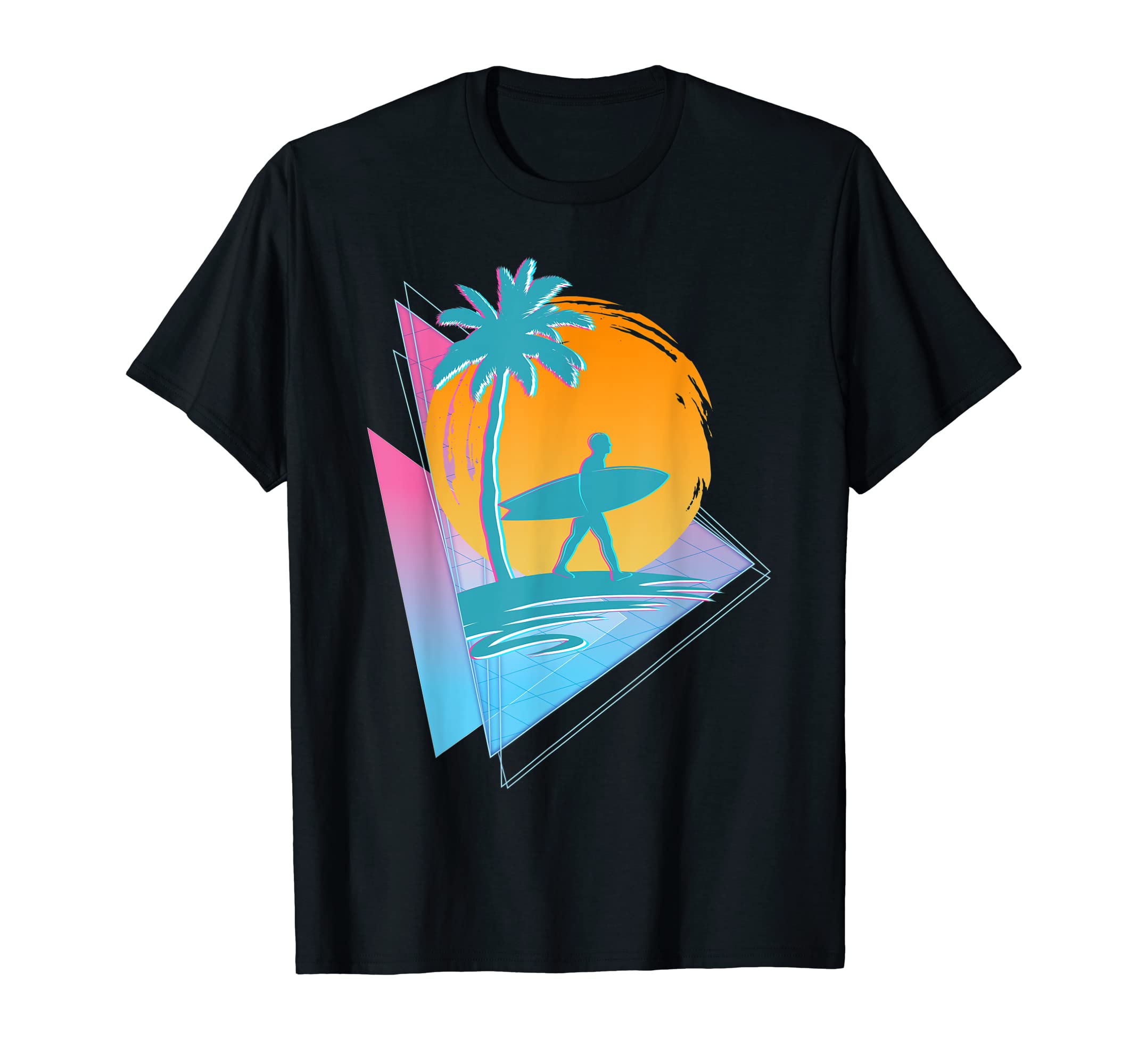 80S Art Synthwave Surfing Surfer Palm T-Shirt - Unique Graphic Men Women - T-Shirt, Sweatshirt, Hoodie