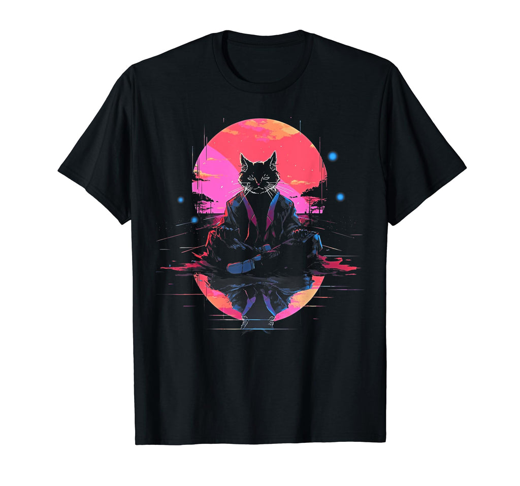Synthwave Cat Samurai Mediation Vaporwave T-Shirt - Graphic Print Unisex - T-Shirt, Sweatshirt, Hoodie
