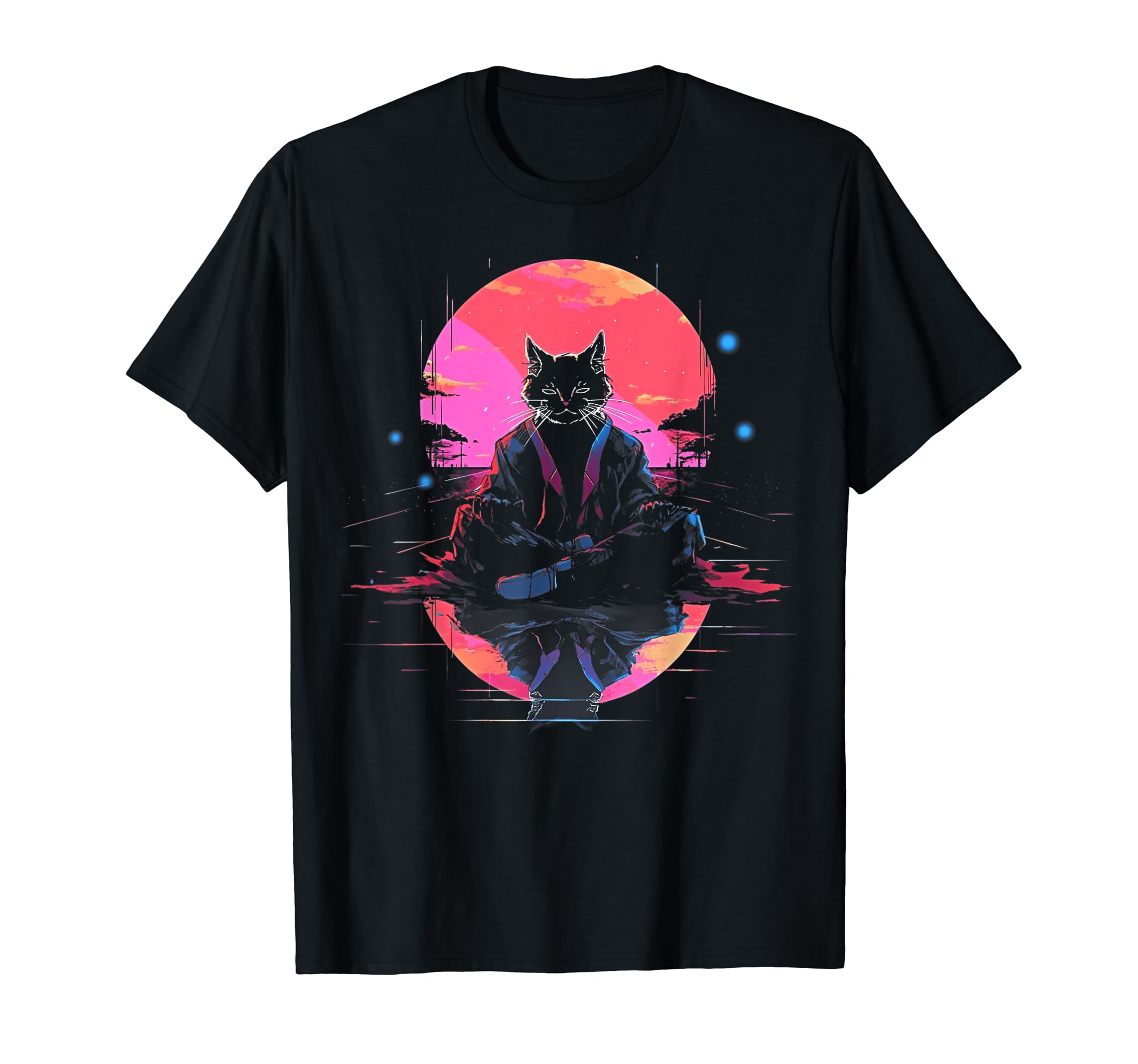 Synthwave Cat Samurai Mediation Vaporwave T-Shirt - Graphic Print Unisex - T-Shirt, Sweatshirt, Hoodie