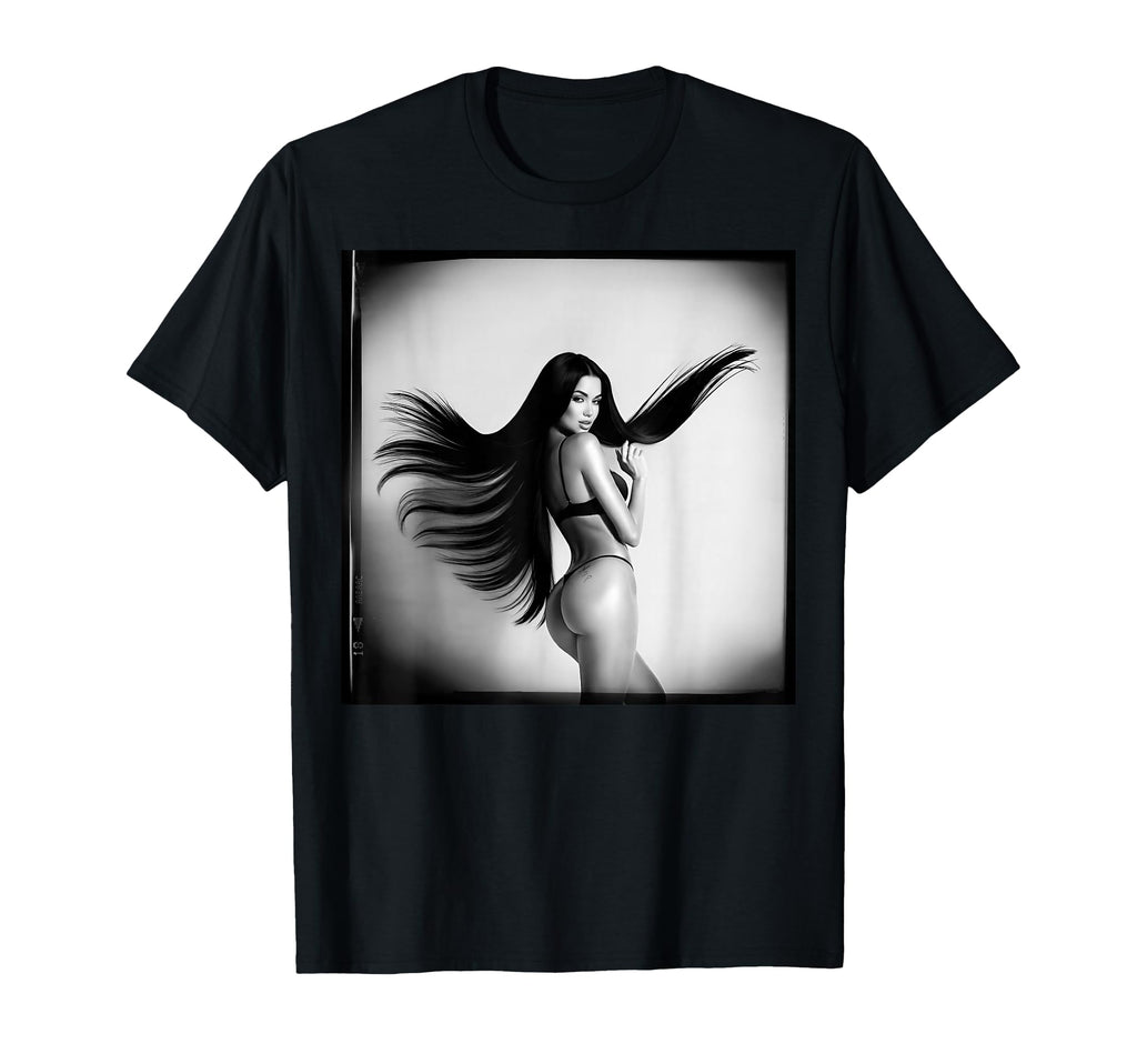 Sexy Brunette Model W Long Hair Bw T-Shirt - Fun Novelty Design Unisex - T-Shirt, Sweatshirt, Hoodie