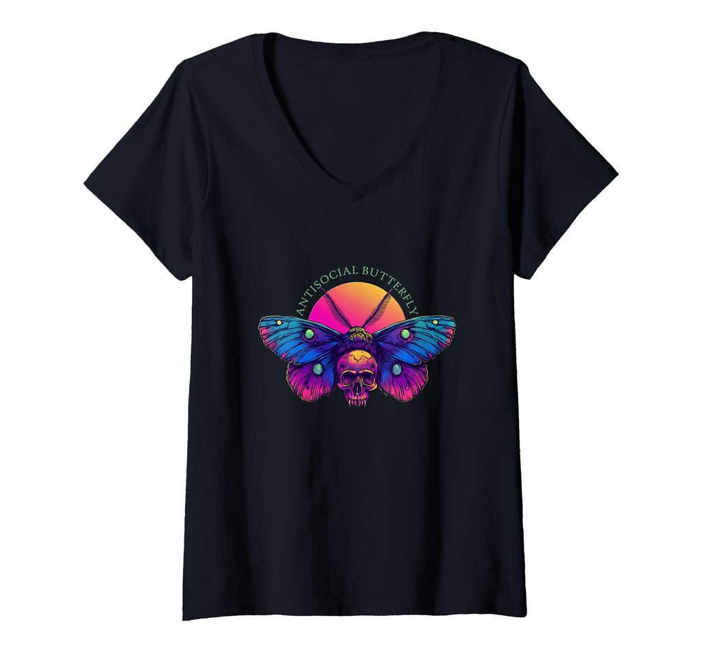 Womens Antisocial Butterfly V Neck T-Shirt - Novelty Apparel Unisex - T-Shirt, Sweatshirt, Hoodie