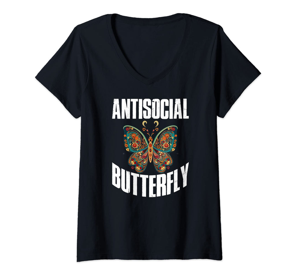 Womens Antisocial Butterfly V Neck T-Shirt - Graphic Print Men Women - T-Shirt, Sweatshirt, Hoodie