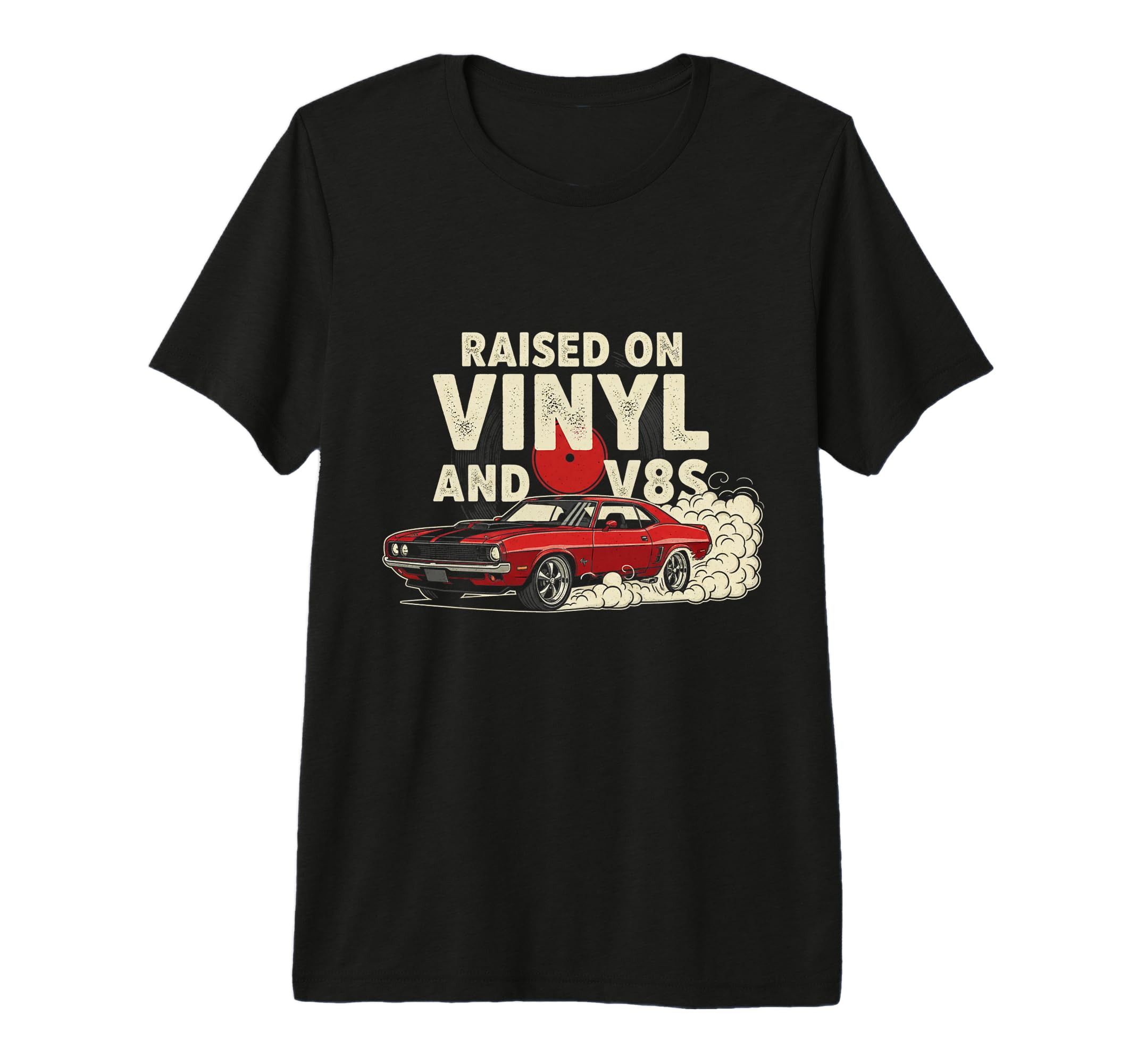Raised Vinyl And V8S 70S Car Lover T-Shirt - Streetwear Style for Adults - T-Shirt, Sweatshirt, Hoodie