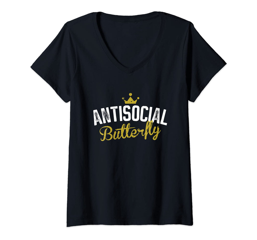 Womens Antisocial Butterfly V Neck T-Shirt - Graphic Print Men Women - T-Shirt, Sweatshirt, Hoodie