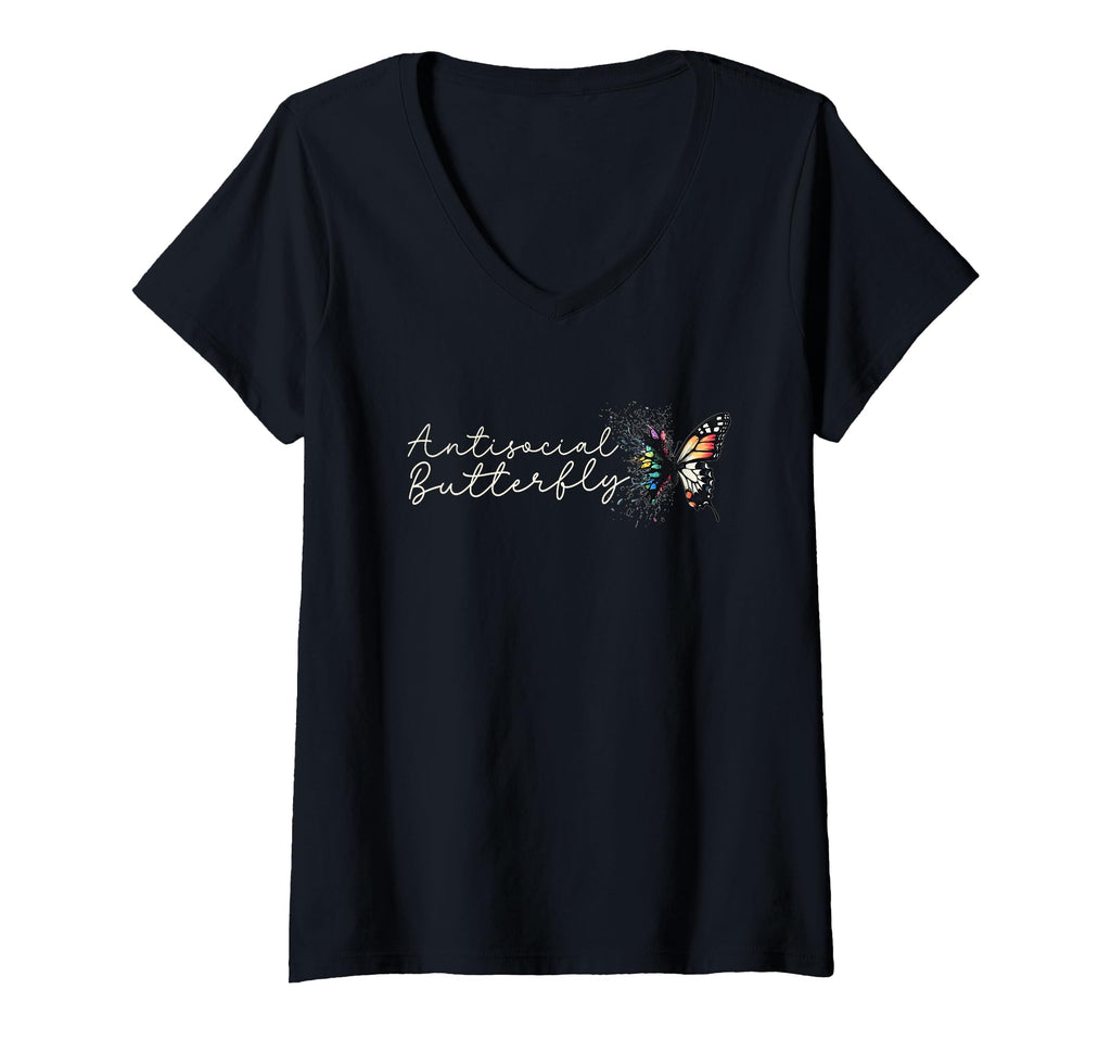 Womens Antisocial Butterfly V Neck T-Shirt - Unique Graphic Men Women - T-Shirt, Sweatshirt, Hoodie