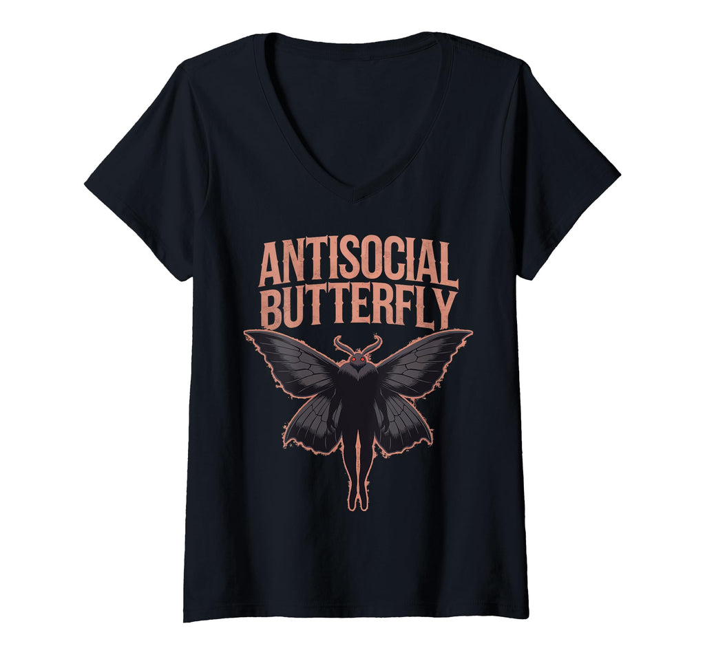 Womens Antisocial Butterfly V Neck T-Shirt - Minimalist Print Unisex - T-Shirt, Sweatshirt, Hoodie