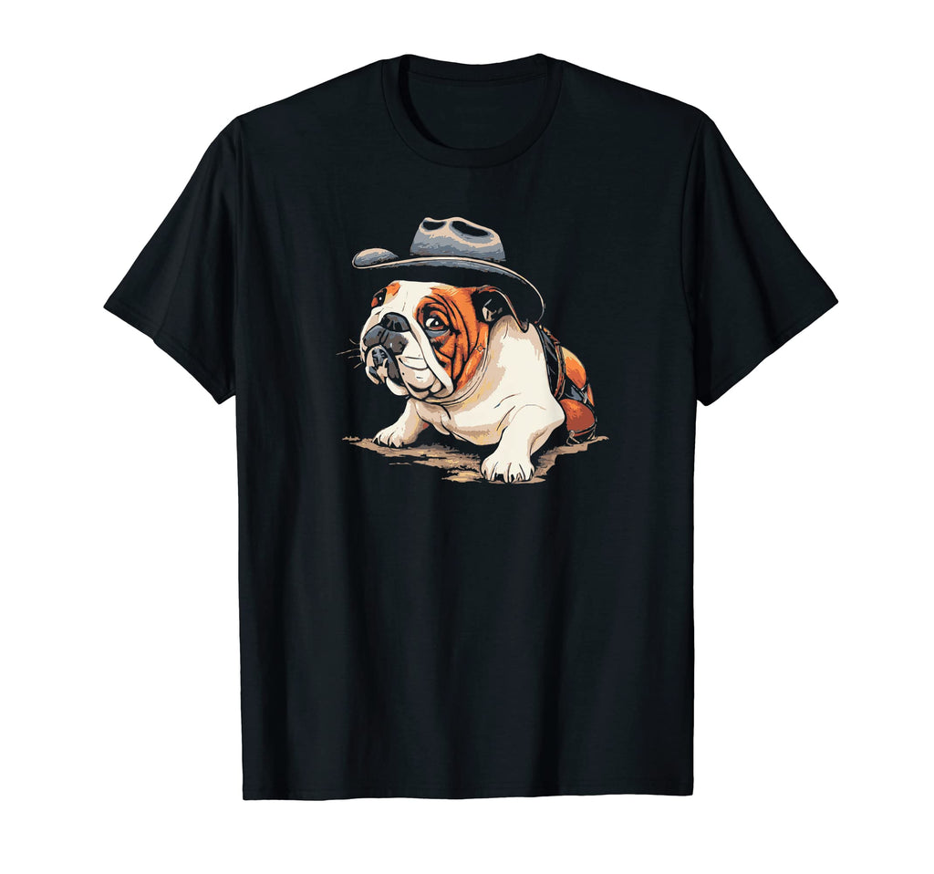 English Bulldog Puppy Cowboy Funny Dog T-Shirt - Unique Graphic Men Women - T-Shirt, Sweatshirt, Hoodie