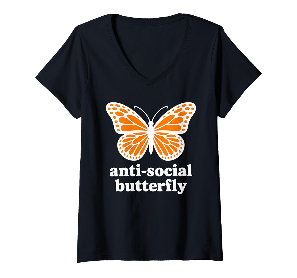 Womens Antisocial Butterfly V Neck T-Shirt - Unique Graphic Unisex - T-Shirt, Sweatshirt, Hoodie