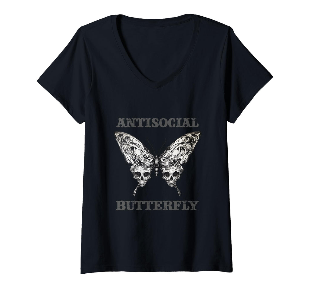 Womens Antisocial Butterfly V Neck T-Shirt - Custom Art Print for Adults - T-Shirt, Sweatshirt, Hoodie