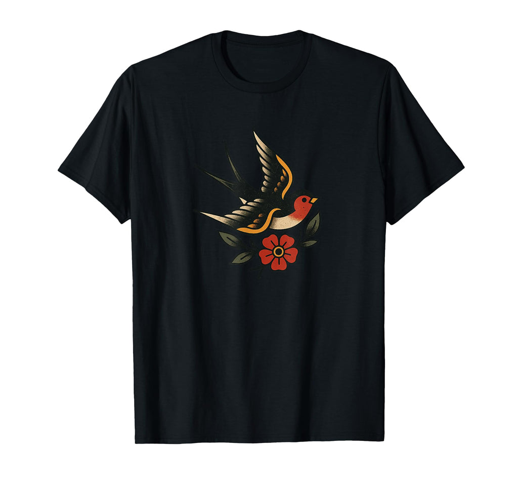 Flying Swallow And Red Flower Tattoo T-Shirt - Minimalist Print Unisex - T-Shirt, Sweatshirt, Hoodie