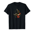Flying Swallow And Red Flower Tattoo T-Shirt - Minimalist Print Unisex - T-Shirt, Sweatshirt, Hoodie