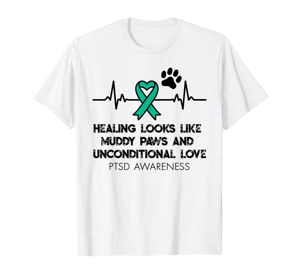Ptsd Awareness Animal Therapy Teal Ribbon T-Shirt - Unique Graphic Unisex - T-Shirt, Sweatshirt, Hoodie