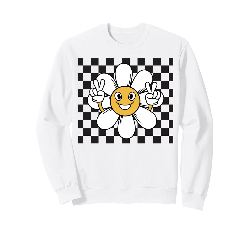 Checkered Happy Flower Hippie Sweatshirt - Graphic Print for Adults - T-Shirt, Sweatshirt, Hoodie
