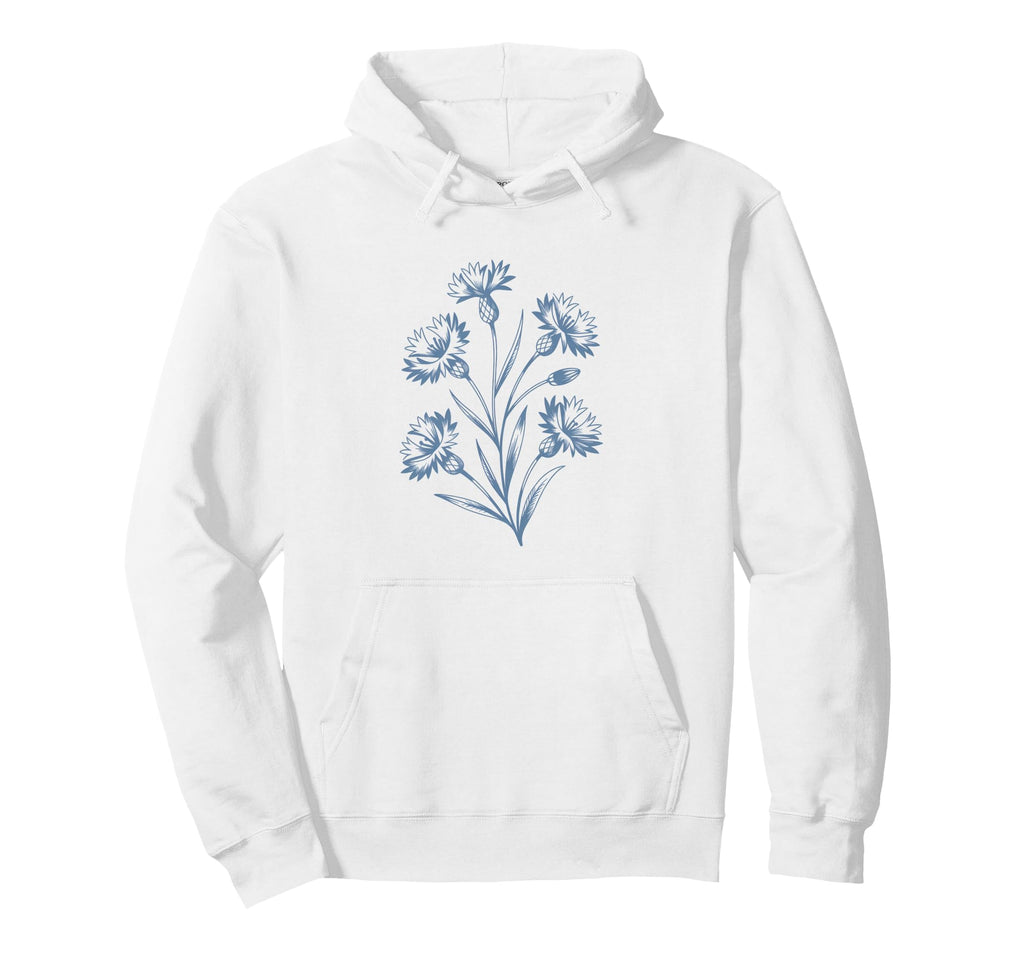 Blue Cornflower Floral Bakeware Motif Hoodie - Minimalist Print Men Women - T-Shirt, Sweatshirt, Hoodie
