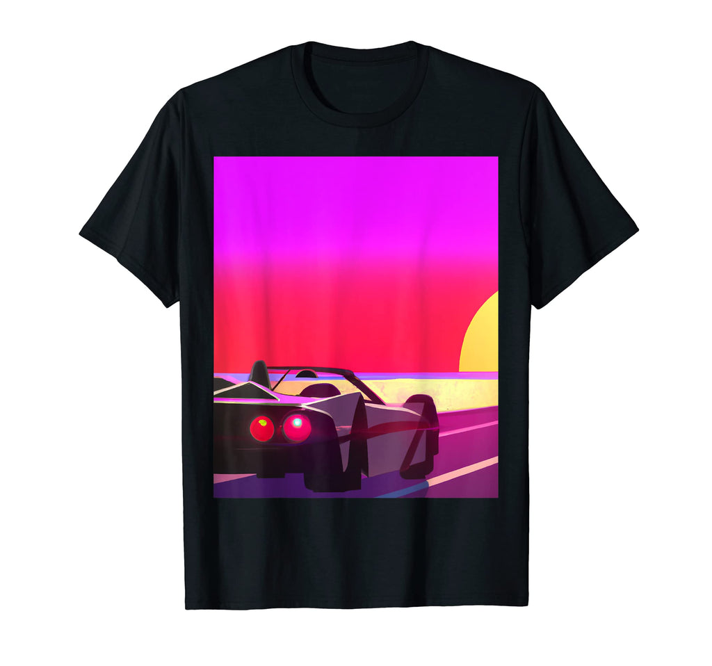 Synthwave Outrun Sports Car Beach Sunset T-Shirt - Graphic Print Men Women - T-Shirt, Sweatshirt, Hoodie