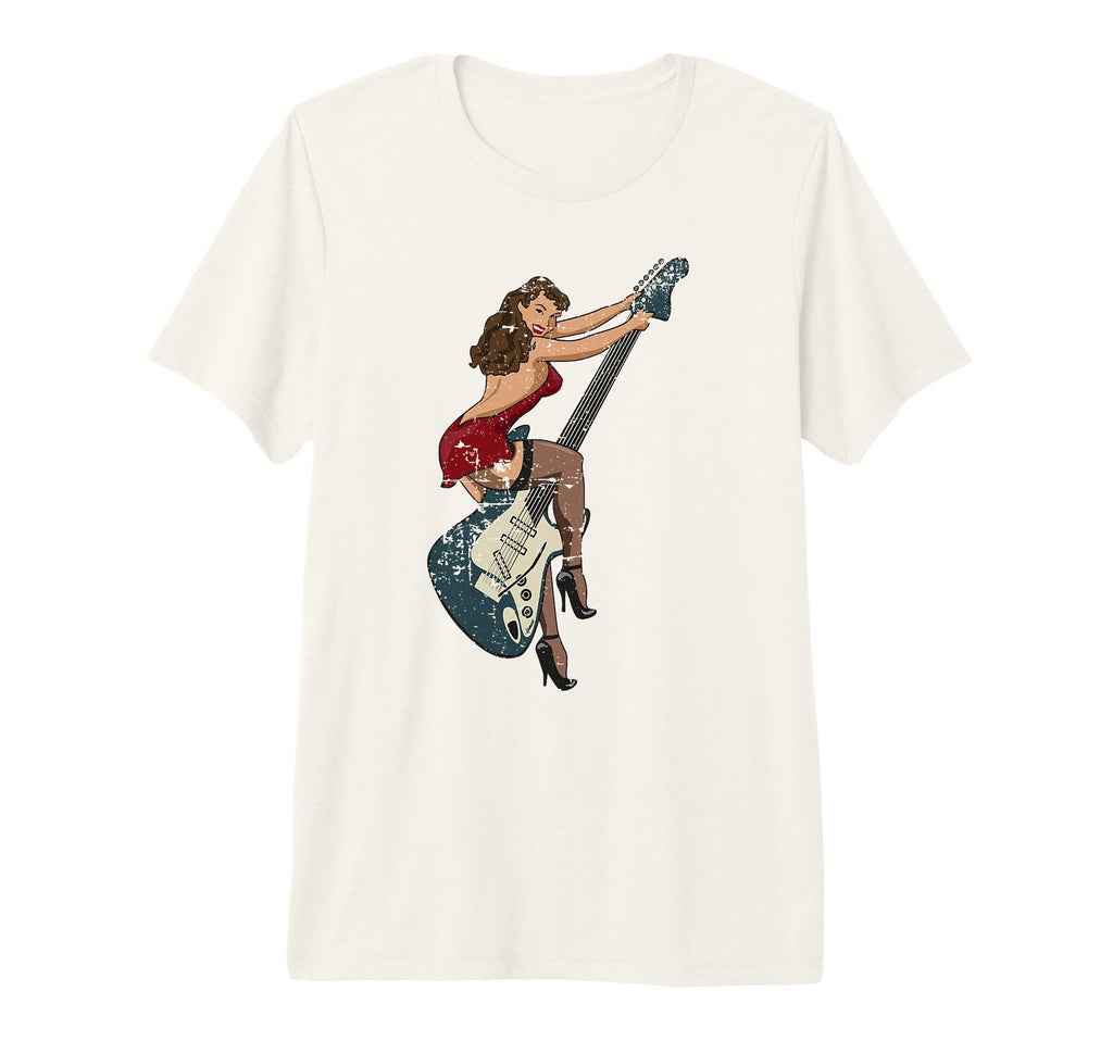 Distressed Pin Up Riding Guitar Tri Blend T-Shirt - Minimalist Print Unisex - T-Shirt, Sweatshirt, Hoodie